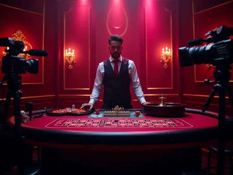 A live dealer at a roulette table in the GameCraft live-casino studio.