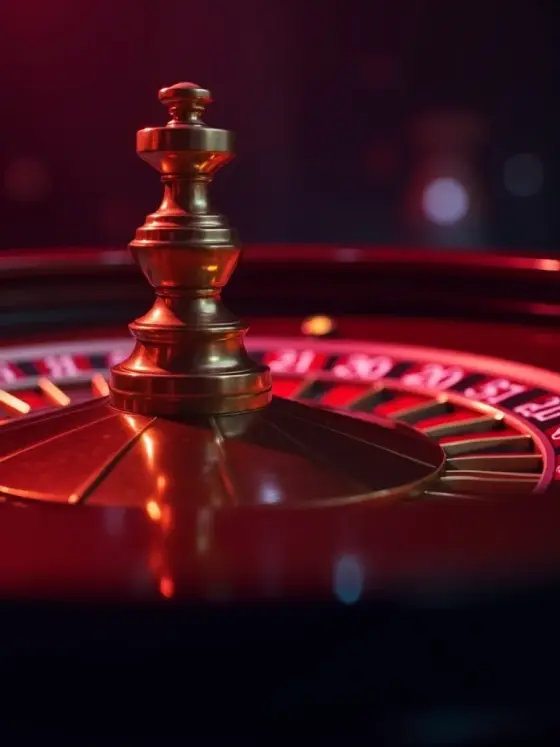 A spinning roulette wheel in gold and dark tones.