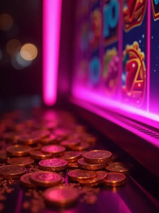 A glowing premium slot machine with golden coins.