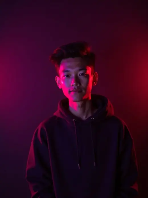 A creator posing in a dramatic brand campaign shoot.
