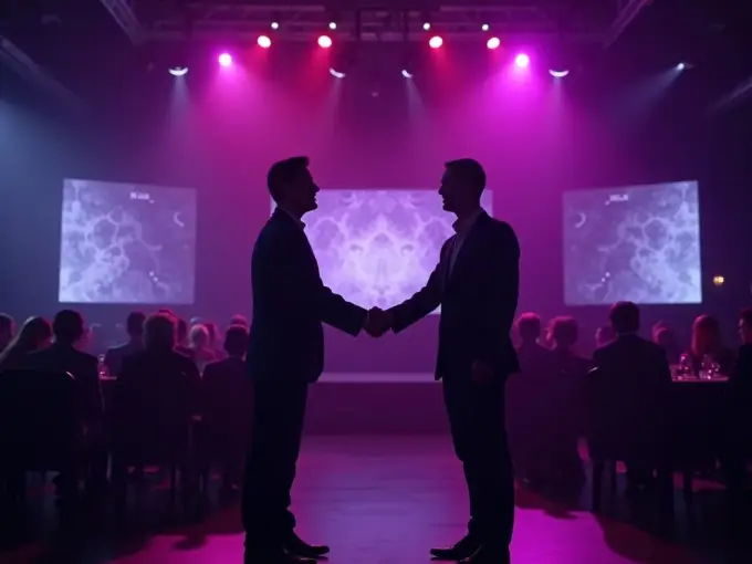 Executives announcing a studio partnership on a stage.